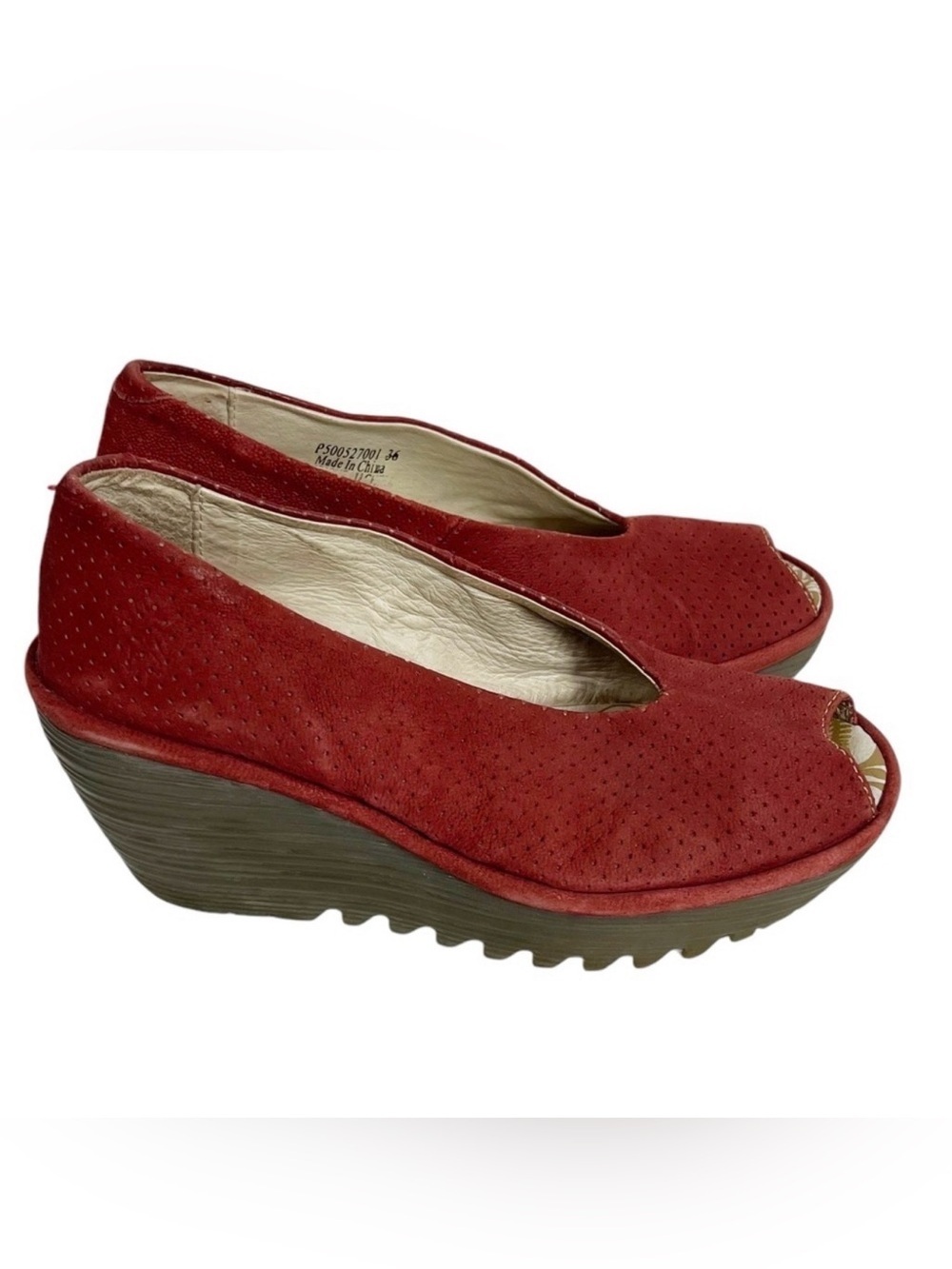FLY LONDON Yury Peep Toe Orange perforated Suede Wedge Sandal Size 36/6